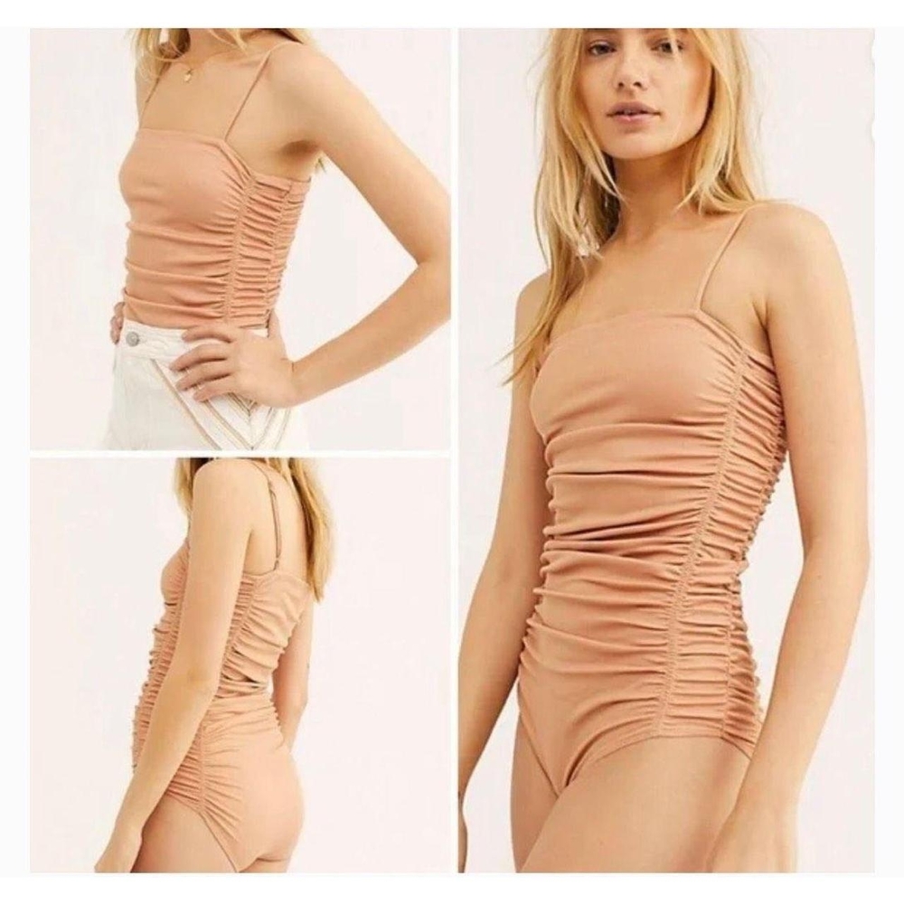Free People Size Ruched Tan Bodysuit Adjustable Straps Womens XS